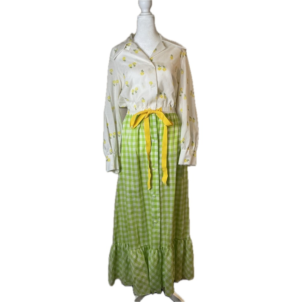 Vintage Cottagecore Romantic Floral Gingham Maxi Dress Prairie Countryside